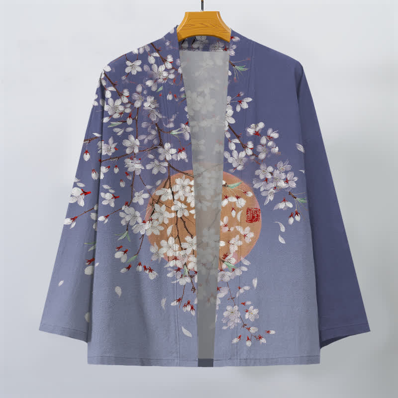 Buddha Stones Bawełniane kimono męskie z białym wzorem w kwiaty wiśni z otwartym przodem - image 7