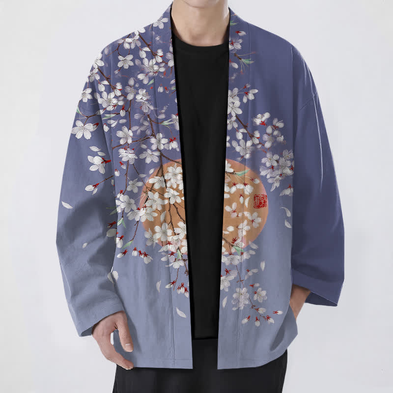 Buddha Stones Bawełniane kimono męskie z białym wzorem w kwiaty wiśni z otwartym przodem - SlateBlue - US/UK/AU48， EU58 (4XL) - image 6