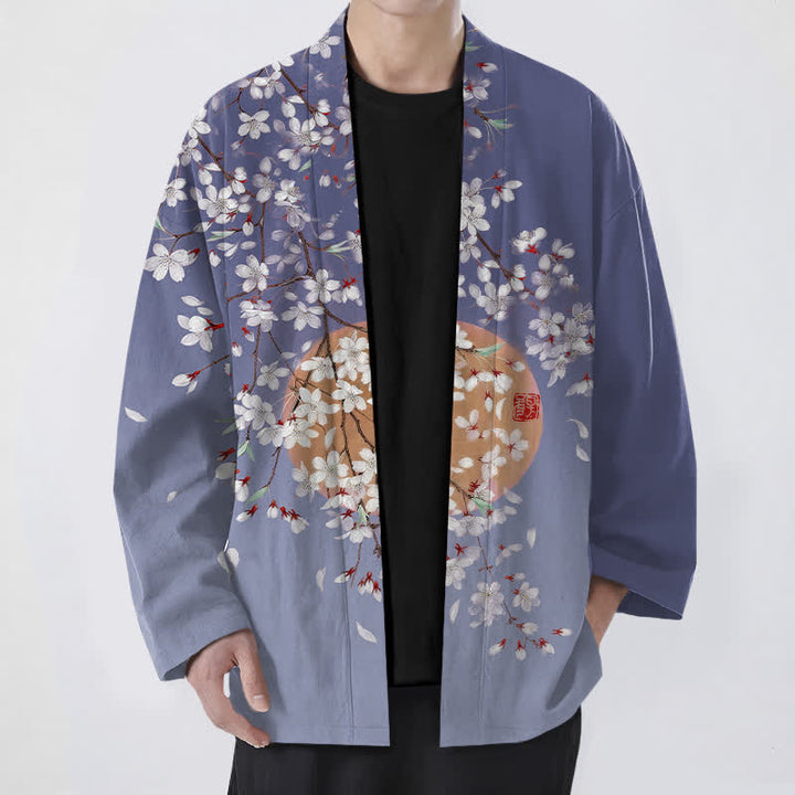Buddha Stones Bawełniane kimono męskie z białym wzorem w kwiaty wiśni z otwartym przodem - SlateBlue - US/UK/AU48， EU58 (4XL) - image 6