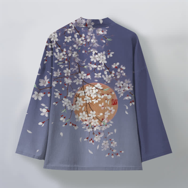 Buddha Stones Bawełniane kimono męskie z białym wzorem w kwiaty wiśni z otwartym przodem - image 8