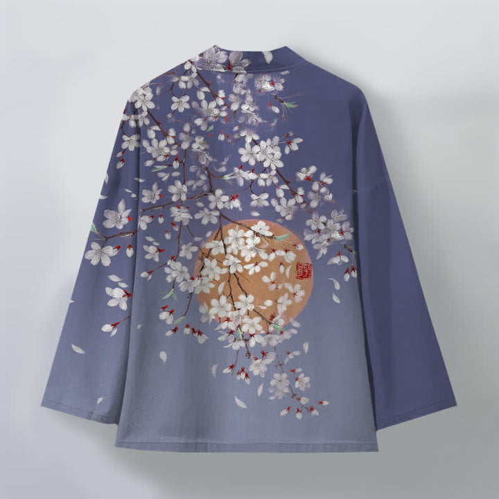 Buddha Stones Bawełniane kimono męskie z białym wzorem w kwiaty wiśni z otwartym przodem - image 8