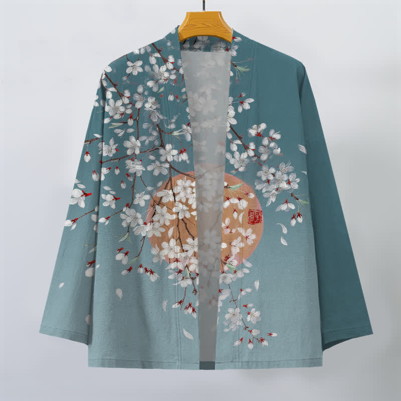 Buddha Stones Bawełniane kimono męskie z białym wzorem w kwiaty wiśni z otwartym przodem - image 10