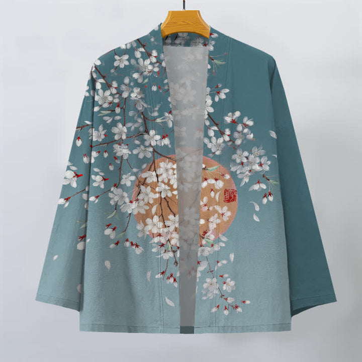 Buddha Stones Bawełniane kimono męskie z białym wzorem w kwiaty wiśni z otwartym przodem - image 10