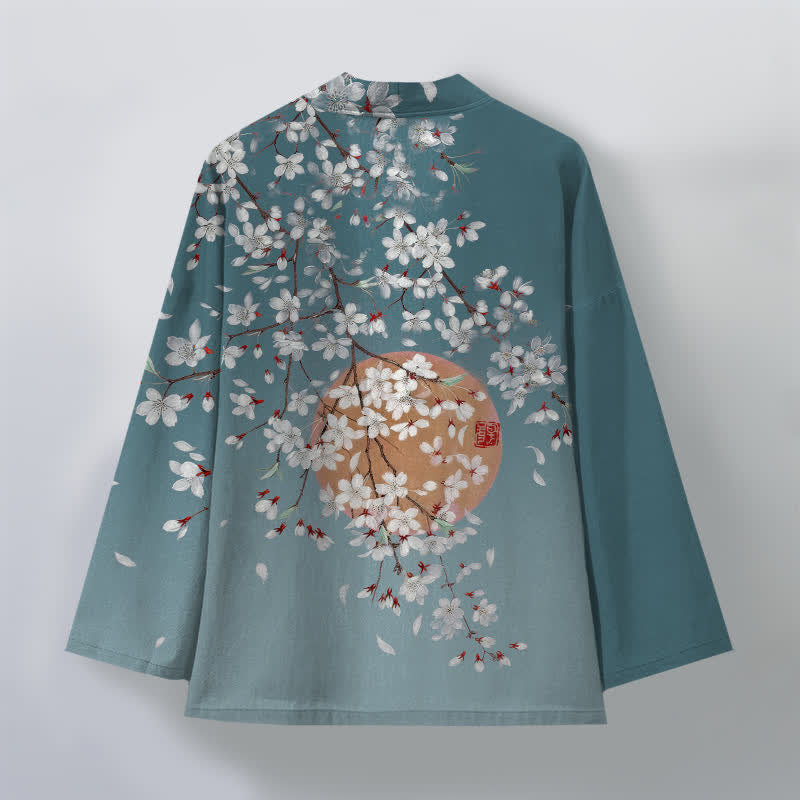 Buddha Stones Bawełniane kimono męskie z białym wzorem w kwiaty wiśni z otwartym przodem - image 11