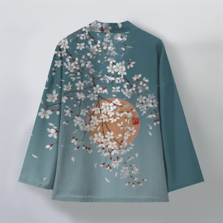 Buddha Stones Bawełniane kimono męskie z białym wzorem w kwiaty wiśni z otwartym przodem - image 11