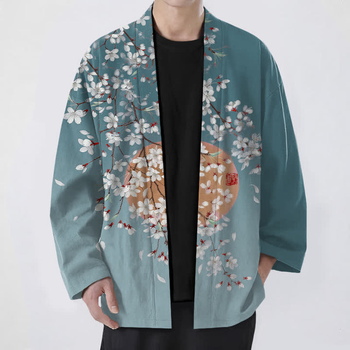 Buddha Stones Bawełniane kimono męskie z białym wzorem w kwiaty wiśni z otwartym przodem - Cyraneczka - US/UK/AU48， EU58 (4XL) - image 9