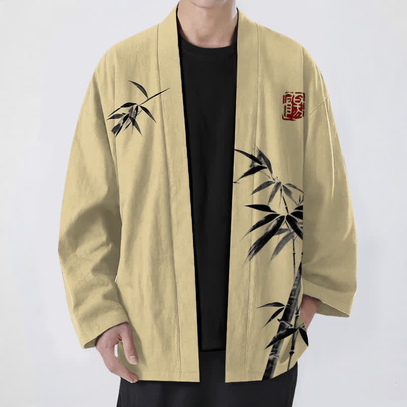 Buddha Stones Bawełniane kimono męskie z asymetrycznym wzorem w kolorze atramentu i bambusa, otwarte z przodu - Pszenica - US/UK/AU48， EU58 (4XL) - image 0