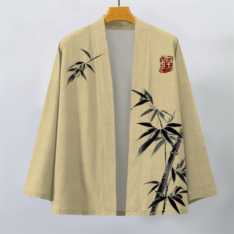 Buddha Stones Bawełniane kimono męskie z asymetrycznym wzorem w kolorze atramentu i bambusa, otwarte z przodu - image 1