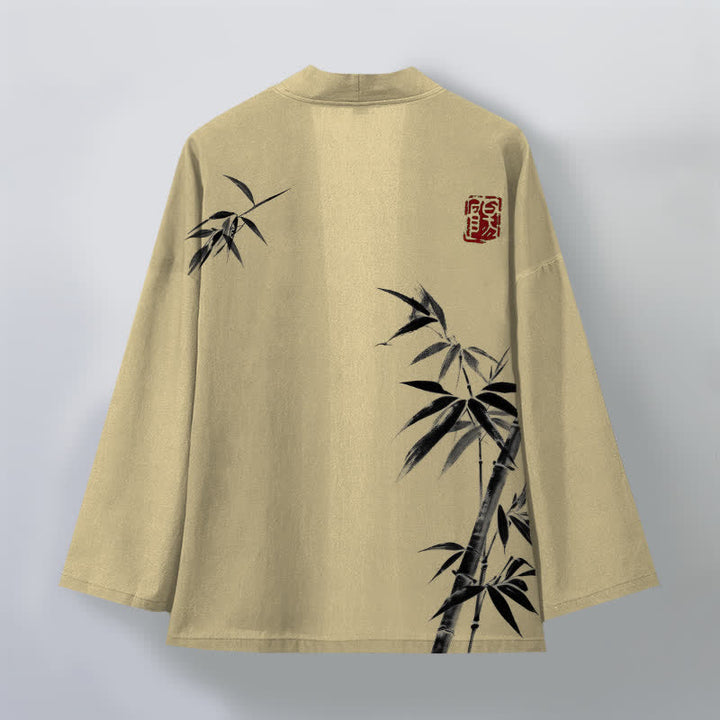 Buddha Stones Bawełniane kimono męskie z asymetrycznym wzorem w kolorze atramentu i bambusa, otwarte z przodu - image 2