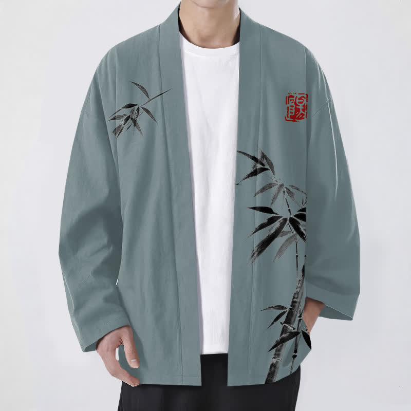 Buddha Stones Bawełniane kimono męskie z asymetrycznym wzorem w kolorze atramentu i bambusa, otwarte z przodu - CadetBlue - US/UK/AU48， EU58 (4XL) - image 6