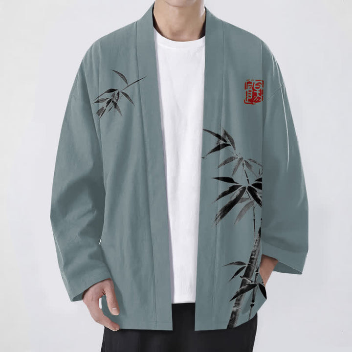 Buddha Stones Bawełniane kimono męskie z asymetrycznym wzorem w kolorze atramentu i bambusa, otwarte z przodu - CadetBlue - US/UK/AU48， EU58 (4XL) - image 6