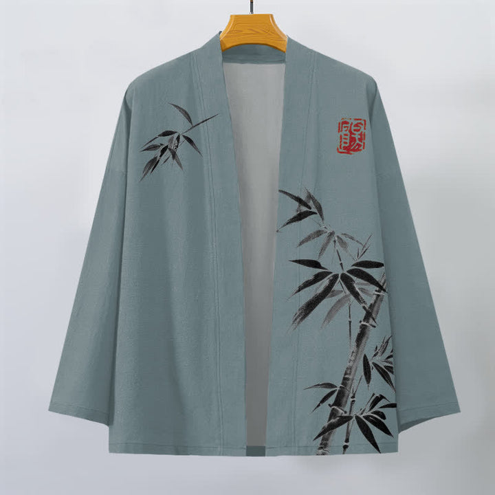 Buddha Stones Bawełniane kimono męskie z asymetrycznym wzorem w kolorze atramentu i bambusa, otwarte z przodu - image 7