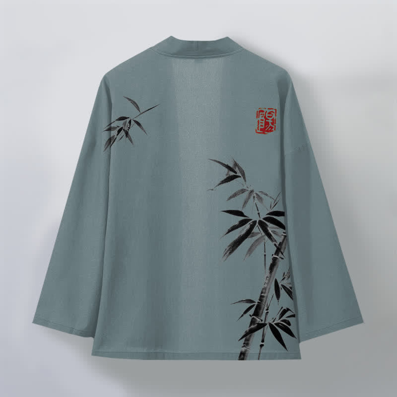 Buddha Stones Bawełniane kimono męskie z asymetrycznym wzorem w kolorze atramentu i bambusa, otwarte z przodu - image 8