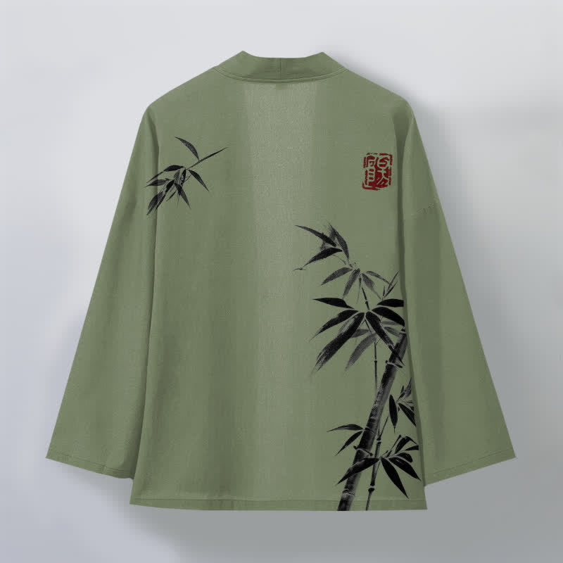 Buddha Stones Bawełniane kimono męskie z asymetrycznym wzorem w kolorze atramentu i bambusa, otwarte z przodu - image 11