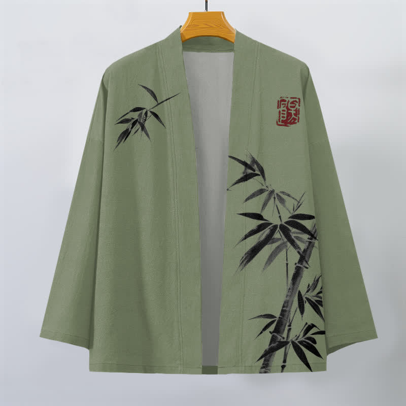 Buddha Stones Bawełniane kimono męskie z asymetrycznym wzorem w kolorze atramentu i bambusa, otwarte z przodu - image 10