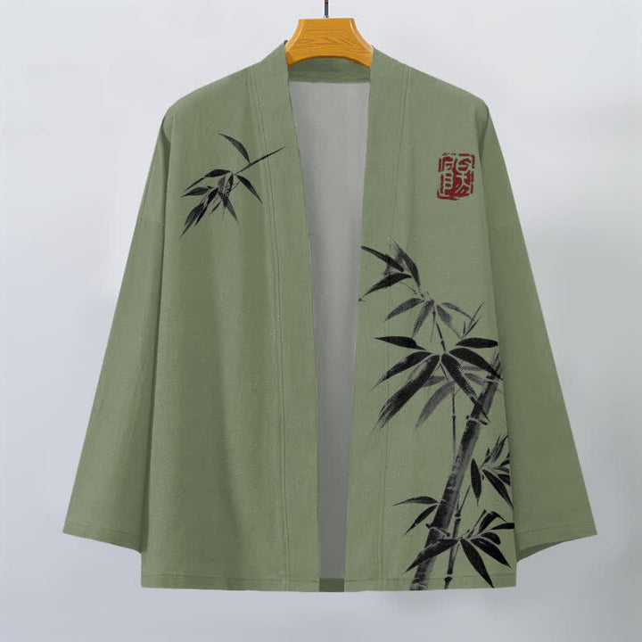 Buddha Stones Bawełniane kimono męskie z asymetrycznym wzorem w kolorze atramentu i bambusa, otwarte z przodu - image 10