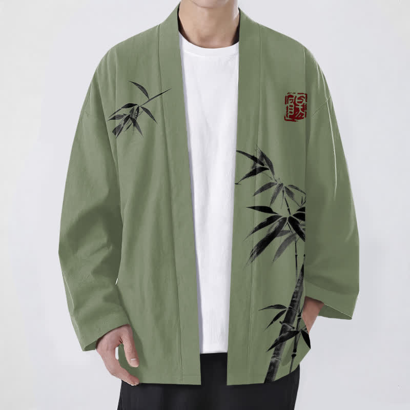 Buddha Stones Bawełniane kimono męskie z asymetrycznym wzorem w kolorze atramentu i bambusa, otwarte z przodu - Oliwkowy - US/UK/AU48， EU58 (4XL) - image 9