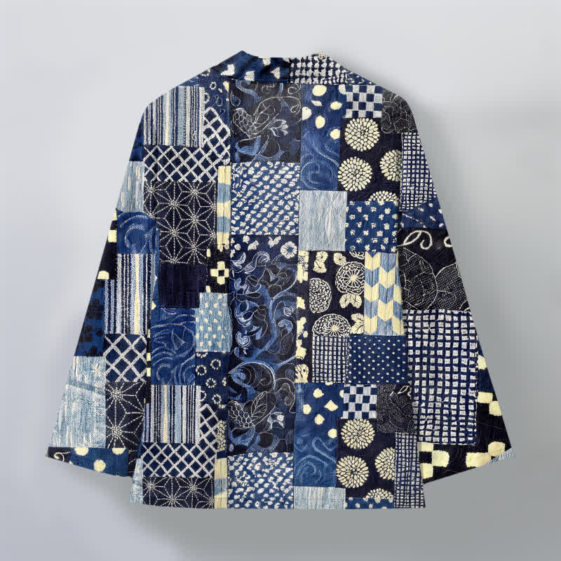 Buddha Stones Bawełniane kimono męskie z kwiatowym wzorem w stylu vintage, z odkrytym przodem - image 2