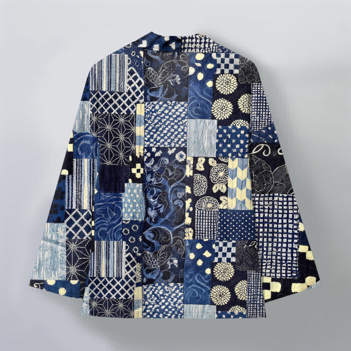 Buddha Stones Bawełniane kimono męskie z kwiatowym wzorem w stylu vintage, z odkrytym przodem - image 2