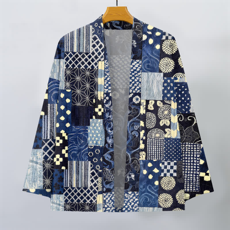 Buddha Stones Bawełniane kimono męskie z kwiatowym wzorem w stylu vintage, z odkrytym przodem - image 1