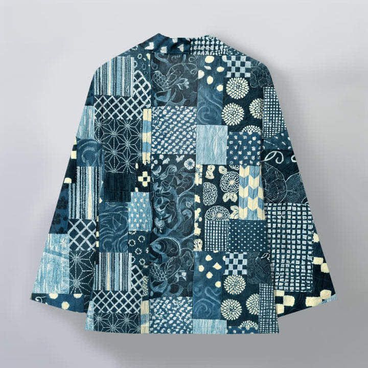 Buddha Stones Bawełniane kimono męskie z kwiatowym wzorem w stylu vintage, z odkrytym przodem - image 8