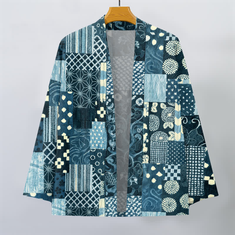 Buddha Stones Bawełniane kimono męskie z kwiatowym wzorem w stylu vintage, z odkrytym przodem - image 7