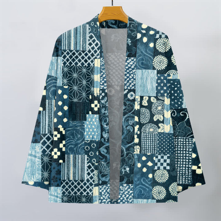 Buddha Stones Bawełniane kimono męskie z kwiatowym wzorem w stylu vintage, z odkrytym przodem - image 7