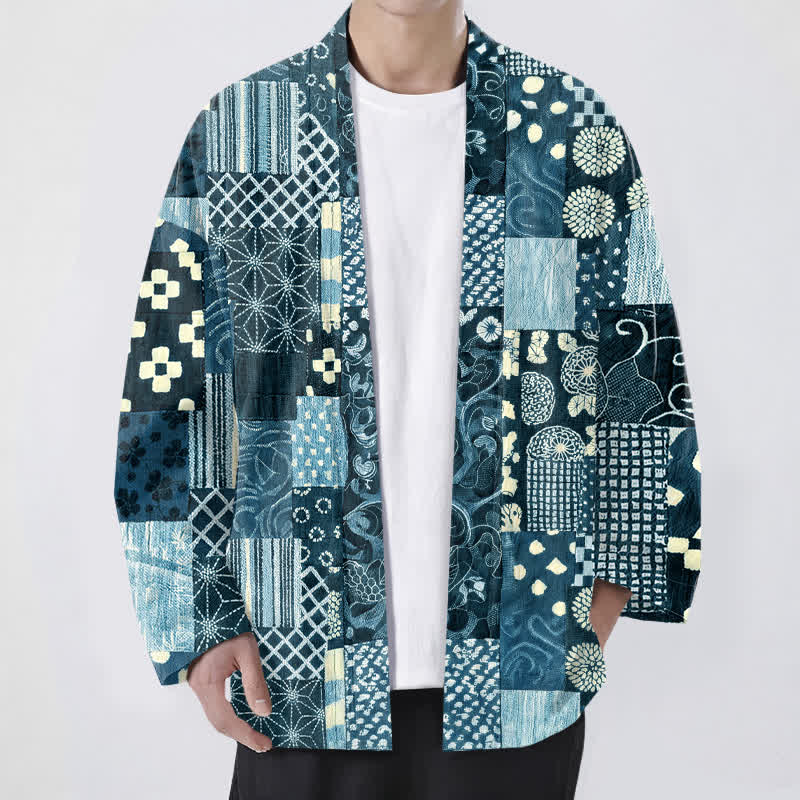 Buddha Stones Bawełniane kimono męskie z kwiatowym wzorem w stylu vintage, z odkrytym przodem - Cyraneczka - US/UK/AU48， EU58 (4XL) - image 6