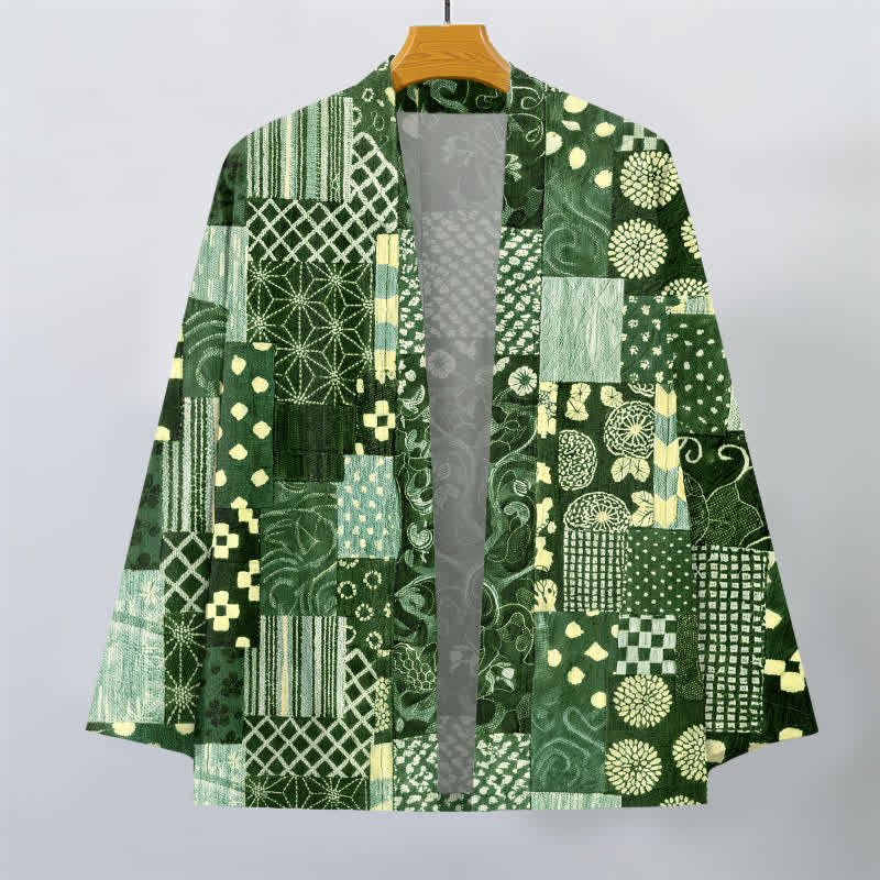 Buddha Stones Bawełniane kimono męskie z kwiatowym wzorem w stylu vintage, z odkrytym przodem - image 10