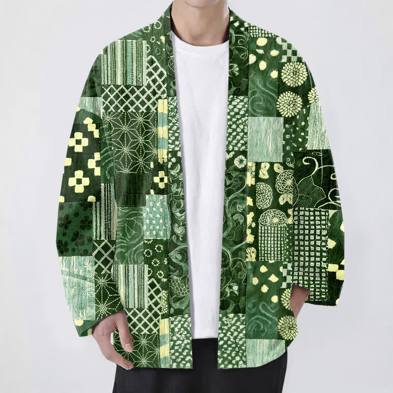 Buddha Stones Bawełniane kimono męskie z kwiatowym wzorem w stylu vintage, z odkrytym przodem - ForestGreen - US/UK/AU48， EU58 (4XL) - image 9