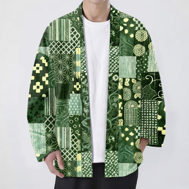 Buddha Stones Bawełniane kimono męskie z kwiatowym wzorem w stylu vintage, z odkrytym przodem - ForestGreen - US/UK/AU48， EU58 (4XL) - image 9