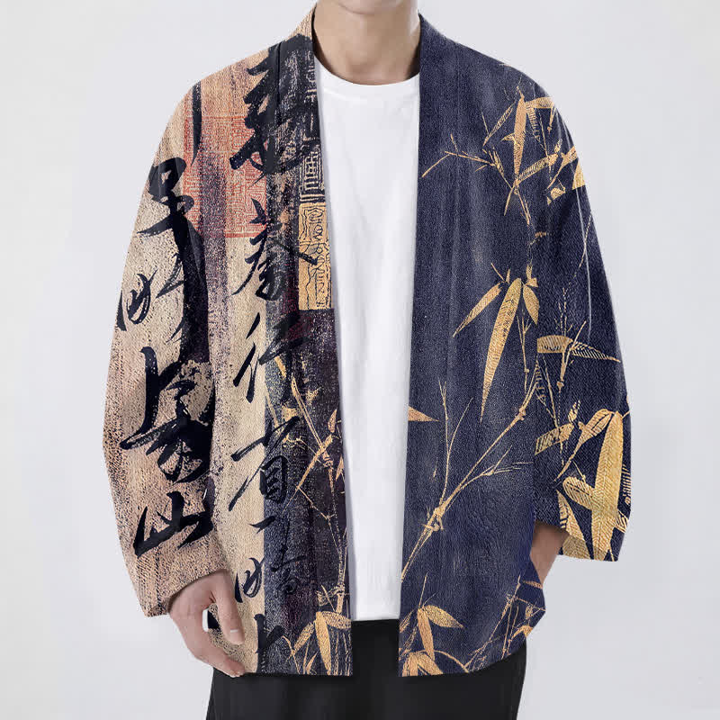 Buddha Stones Męskie kimono bawełniane z motywem kaligrafii zen i bambusa z otwartym przodem - Marynarka wojenna - US/UK/AU48， EU58 (4XL) - image 0