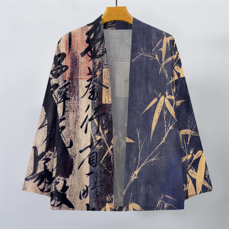 Buddha Stones Męskie kimono bawełniane z motywem kaligrafii zen i bambusa z otwartym przodem - image 1