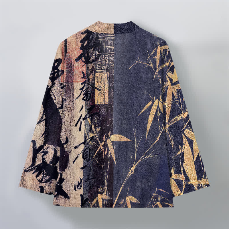 Buddha Stones Męskie kimono bawełniane z motywem kaligrafii zen i bambusa z otwartym przodem - image 2