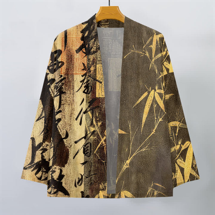 Buddha Stones Męskie kimono bawełniane z motywem kaligrafii zen i bambusa z otwartym przodem - image 7