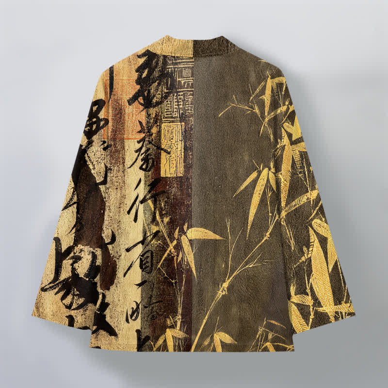 Buddha Stones Męskie kimono bawełniane z motywem kaligrafii zen i bambusa z otwartym przodem - image 8
