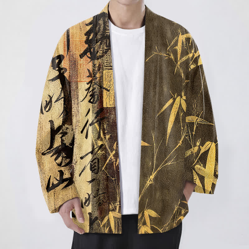 Buddha Stones Męskie kimono bawełniane z motywem kaligrafii zen i bambusa z otwartym przodem - Nawłoć - US/UK/AU48， EU58 (4XL) - image 6