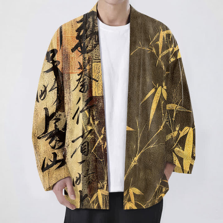 Buddha Stones Męskie kimono bawełniane z motywem kaligrafii zen i bambusa z otwartym przodem - Nawłoć - US/UK/AU48， EU58 (4XL) - image 6