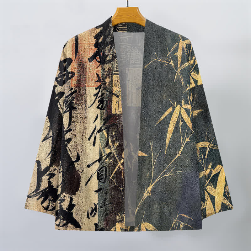 Buddha Stones Męskie kimono bawełniane z motywem kaligrafii zen i bambusa z otwartym przodem - image 10