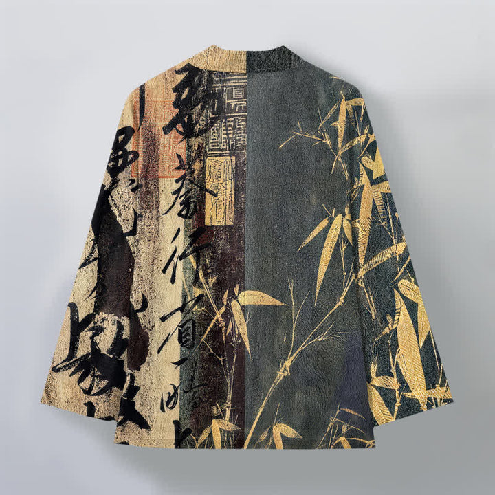 Buddha Stones Męskie kimono bawełniane z motywem kaligrafii zen i bambusa z otwartym przodem - image 11
