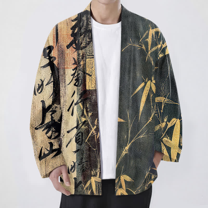 Buddha Stones Męskie kimono bawełniane z motywem kaligrafii zen i bambusa z otwartym przodem - Szary - US/UK/AU48， EU58 (4XL) - image 9