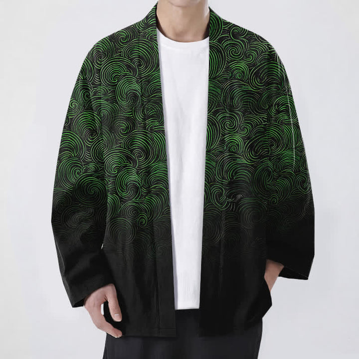 Buddha Stones Męskie kimono z bawełny z gradientowym wzorem i otwartym przodem - Ciemnozielony - US/UK/AU48， EU58 (4XL) - image 0