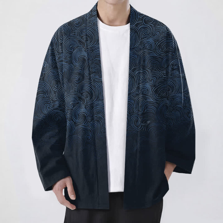 Buddha Stones Męskie kimono z bawełny z gradientowym wzorem i otwartym przodem - Marynarka wojenna - US/UK/AU48， EU58 (4XL) - image 9