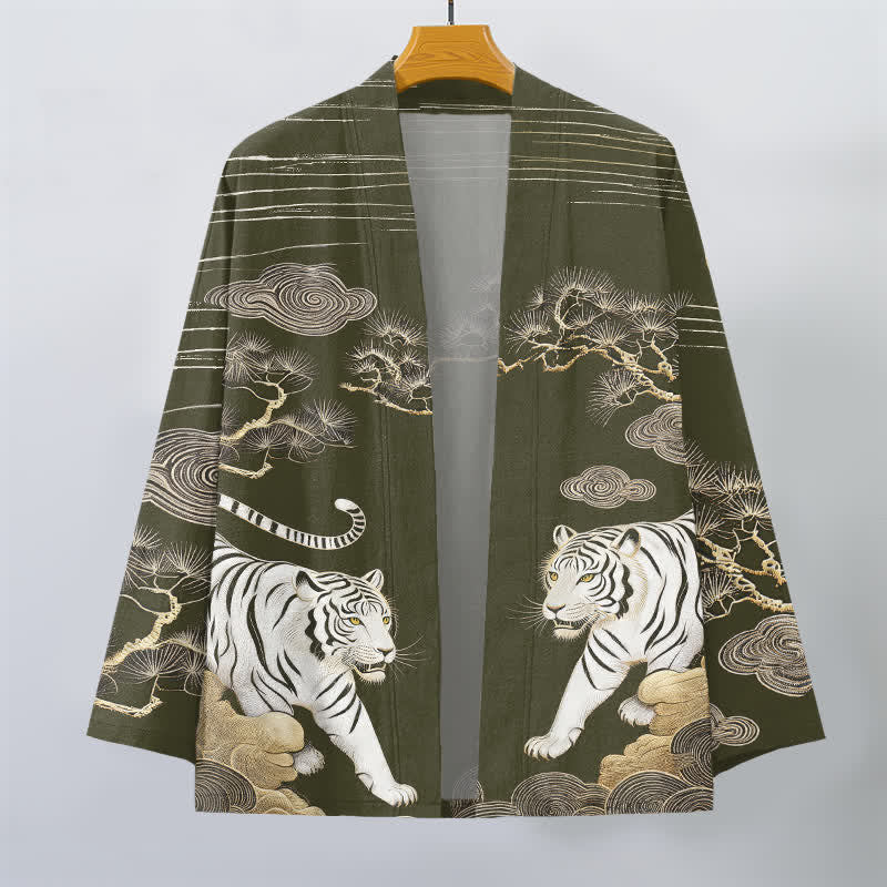 Buddha Stones Bawełniane kimono męskie z odkrytym przodem i wzorem w białe tygrysy i sosny - image 1