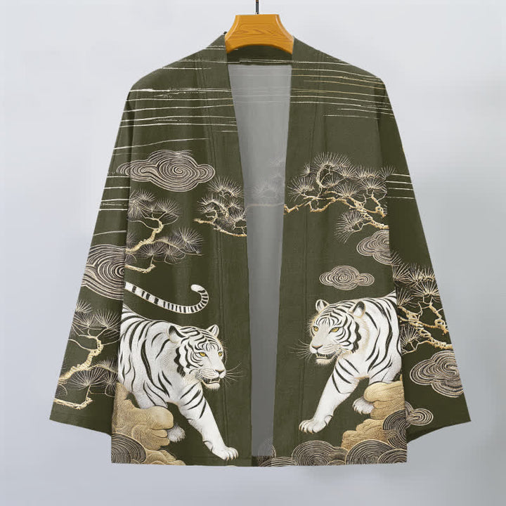 Buddha Stones Bawełniane kimono męskie z odkrytym przodem i wzorem w białe tygrysy i sosny - image 1