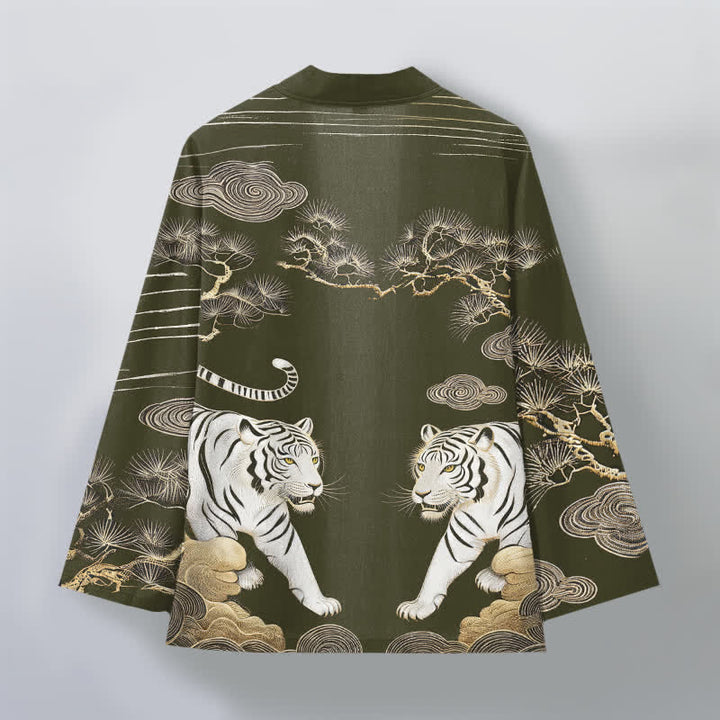 Buddha Stones Bawełniane kimono męskie z odkrytym przodem i wzorem w białe tygrysy i sosny - image 2
