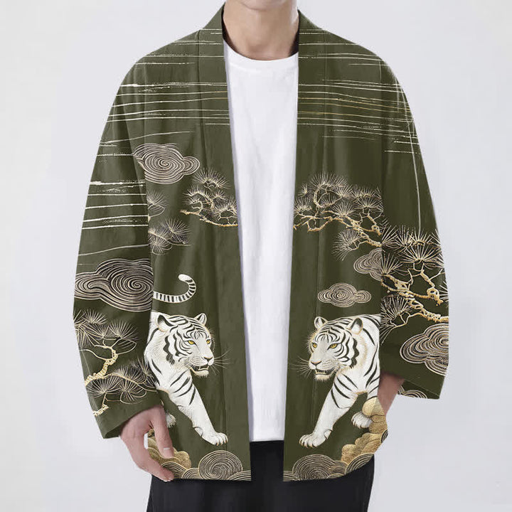 Buddha Stones Bawełniane kimono męskie z odkrytym przodem i wzorem w białe tygrysy i sosny - Oliwka - US/UK/AU48， EU58 (4XL) - image 0