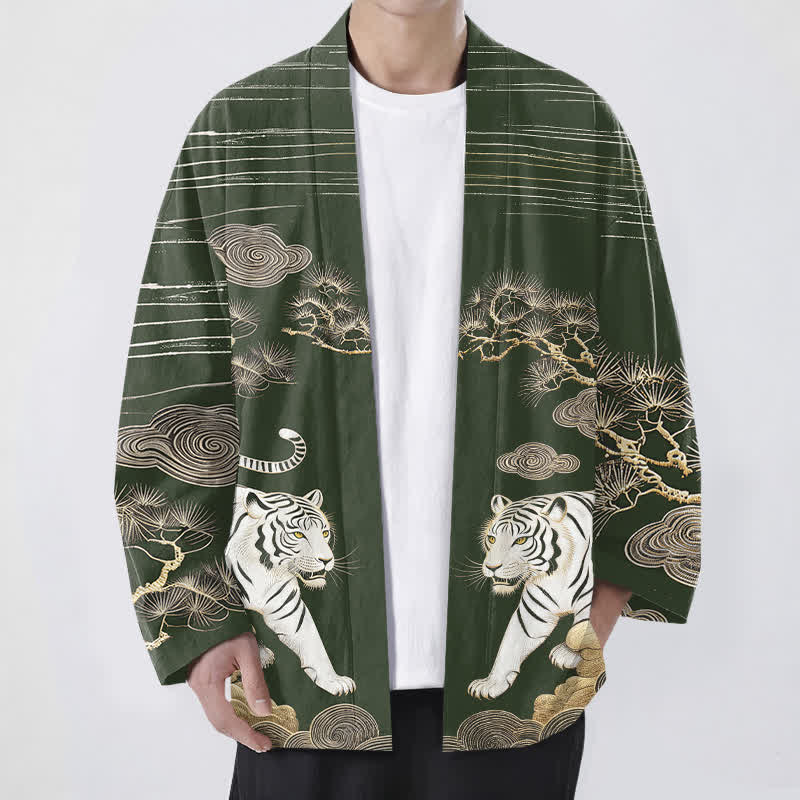 Buddha Stones Bawełniane kimono męskie z odkrytym przodem i wzorem w białe tygrysy i sosny - Ciemnozielony - US/UK/AU48， EU58 (4XL) - image 6
