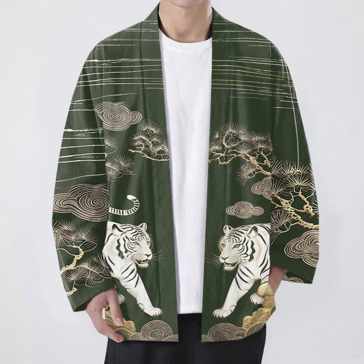 Buddha Stones Bawełniane kimono męskie z odkrytym przodem i wzorem w białe tygrysy i sosny - Ciemnozielony - US/UK/AU48， EU58 (4XL) - image 6