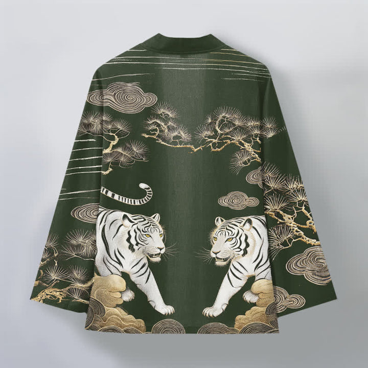 Buddha Stones Bawełniane kimono męskie z odkrytym przodem i wzorem w białe tygrysy i sosny - image 8